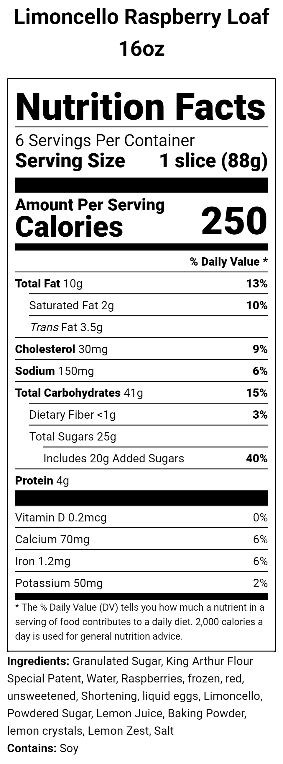 Fabrizia Limoncello Raspberry Loaf Nutrition